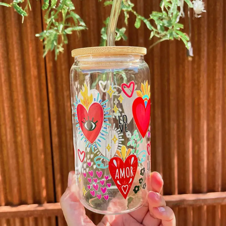 Sacred Heart Design with Love & Amor Glass Cup