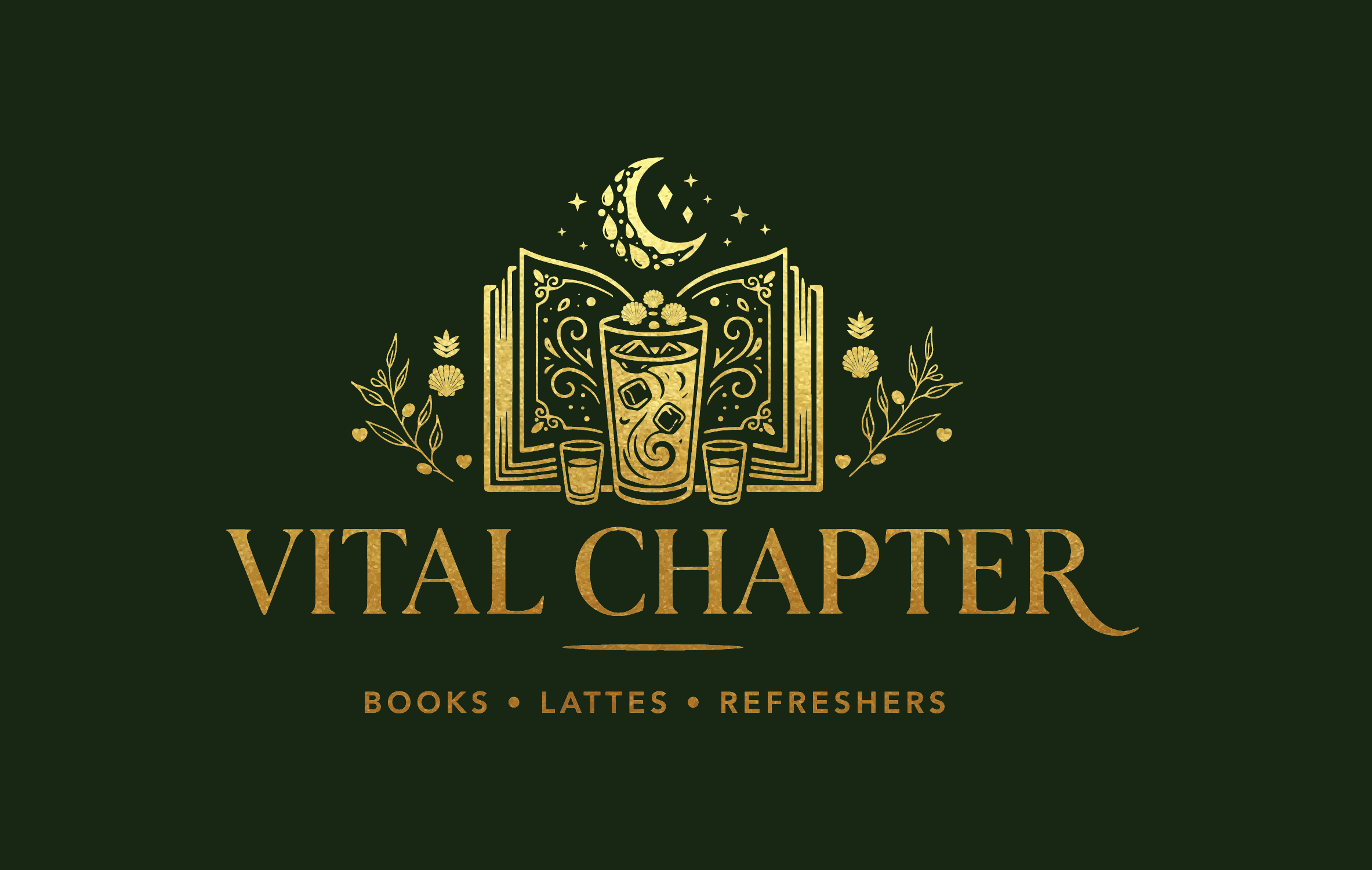 Logo for 'Vital Chapter' with an open book, moon, and coffee cup on a dark green background.