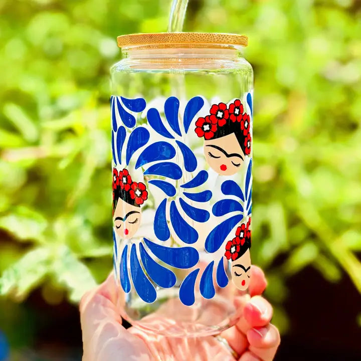 Frida-Inspired Glass Cup – Talavera Blue Glass Cup